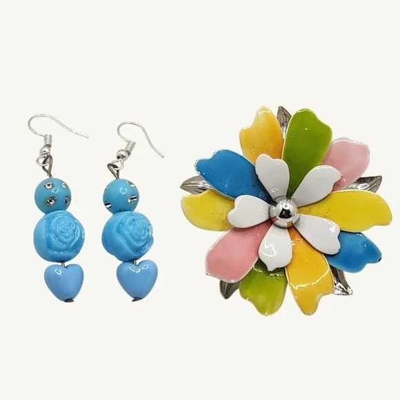 Vintage Enamel Flower Brooch Sarah C & Blue Rose Heart Earrings Mod Pop Art 60s‎