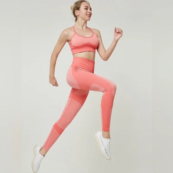 Matching Coord Set Pink Space Dye Criss Cross Back Sports Bra and Leggings