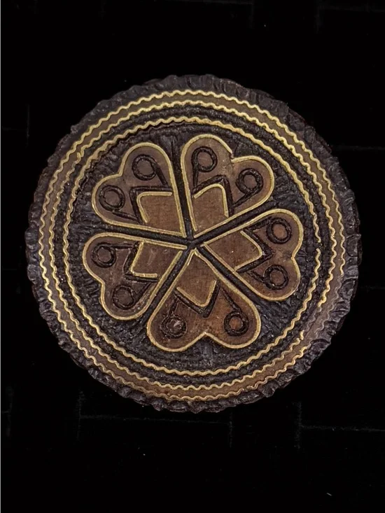 Vintage Round Carved Wood Medallion Brooch Brass Inlay Geometric Folk Art Pin