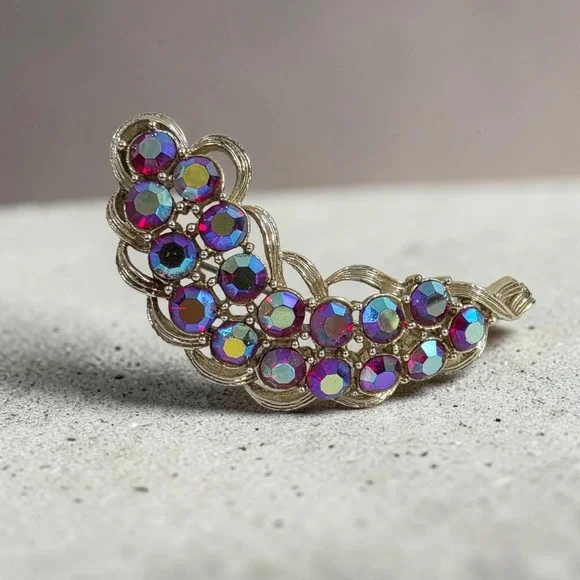 Vintage Kramer‎ of NY Red Aurora Borealis Rhinestone Gold Tone Crescent Brooch