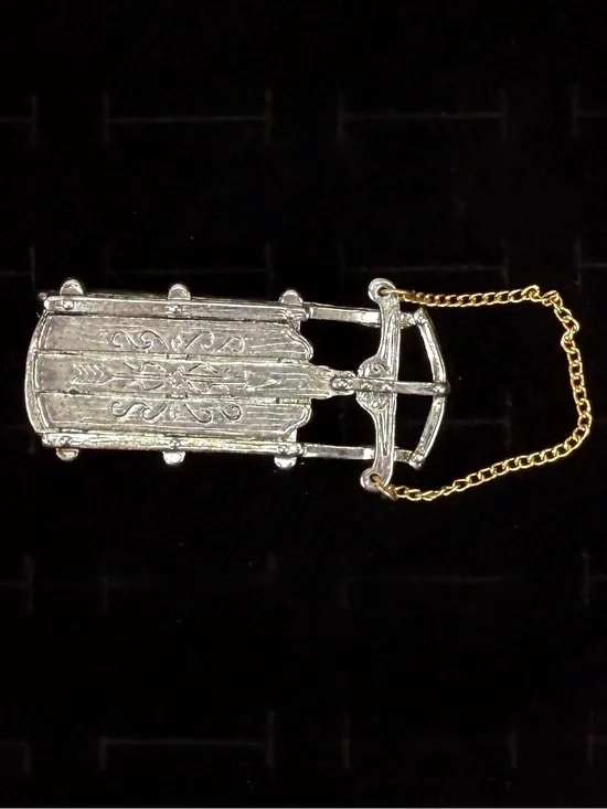 Vintage Silver Tone Sleigh Brooch Gold Chain Figural Winter Holiday Sled Pin