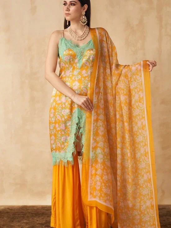 Satin Yellow Floral Lace-Trim Kurta with Mint Accents, Wide-Leg Sharara Set