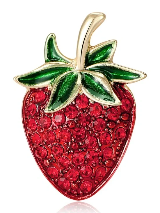 Red Strawberry Brooch Pin – Rhinestone Crystal Fruit Gold Tone Statement Jewelry