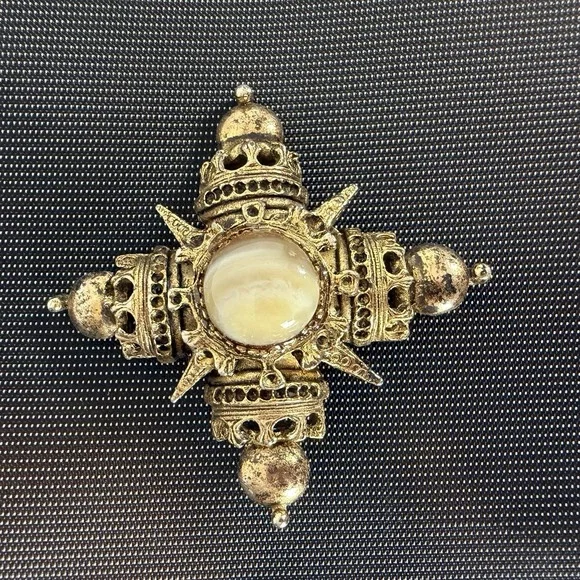 Gold Tone Cross Brooch Pin White Glass Stone Costume