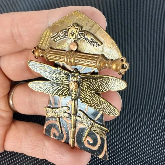 DRAGONFLY Brooch Pin Mixed Metals Golden Vintage