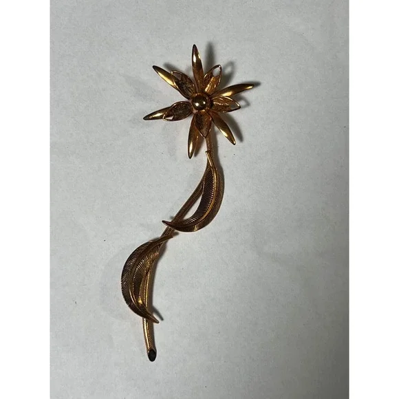 Vintage Gold Tone Long Stem‎ Flower Brooch Textured Leaf Floral Pin 4.5 Inch