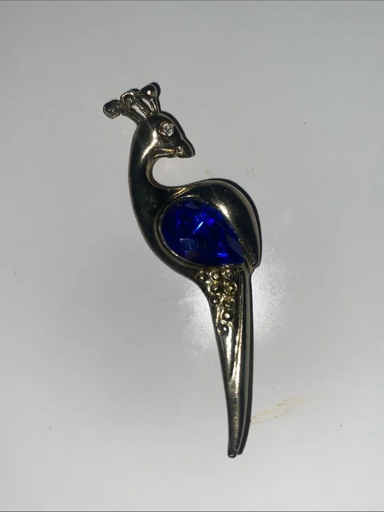 Gold-Tone Peacock Brooch with Deep Blue Crystal