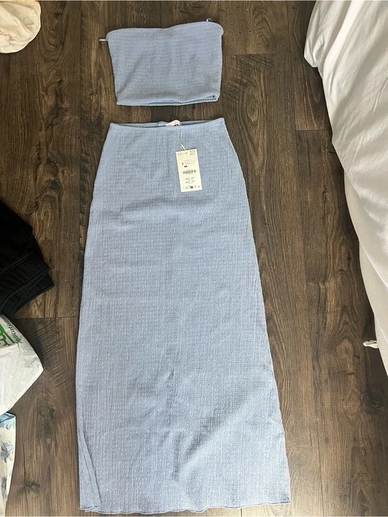 Zara Light Blue Textured Maxi Tube Skirt Set