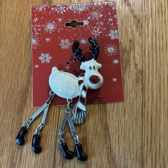 Vtg SEARS Articulated Reindeer Brooch Enamel Rudolf Red Nose Xmas Legs Move NEW