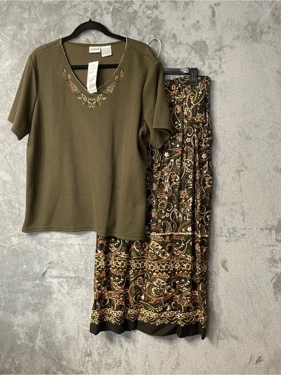 Liz Baker Olive Green Top with Paisley Brown Maxi Skirt Set