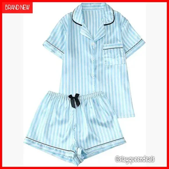 Satin Pajama Set with Button Up Top and Shorts, Striped Silk Pajamas