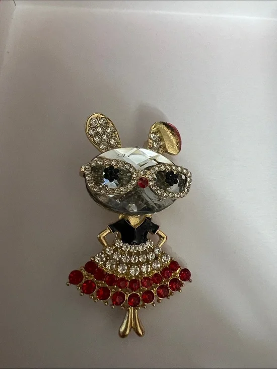 Source Unknown Crystal Bunny Brooch with Red and Gold Accents