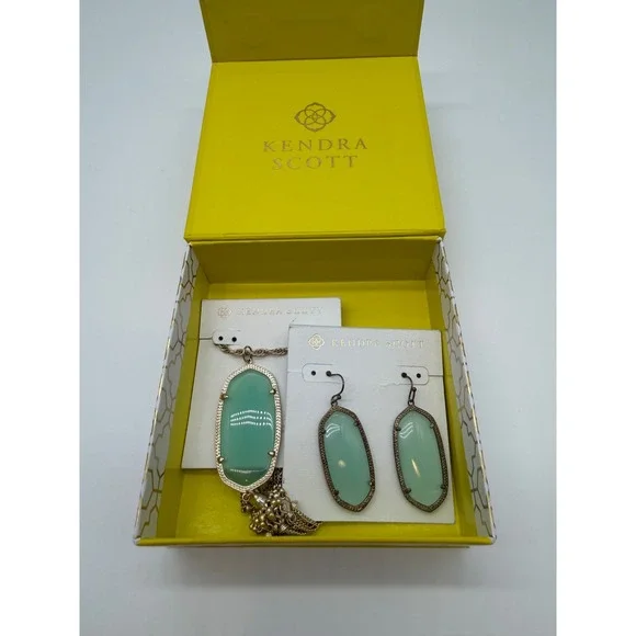 Kendra Scott Rayne Tassel Necklace and Dani Earrings Set Mint Green Gold‎ Tone