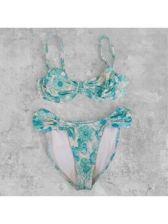 Shae and Shore Floral Bikini Set 36C Top S Bottoms Teal Cream Underwire Ruffle