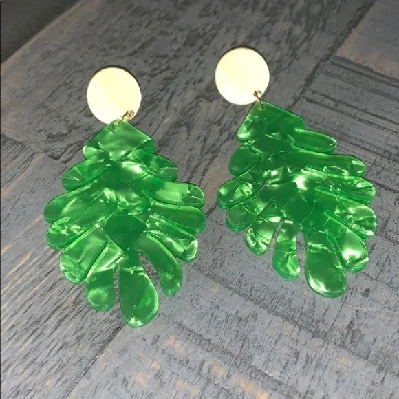 Green Acrylic Monstera Leaf Drop Earrings Gold Tone Tropical Botanical Statement