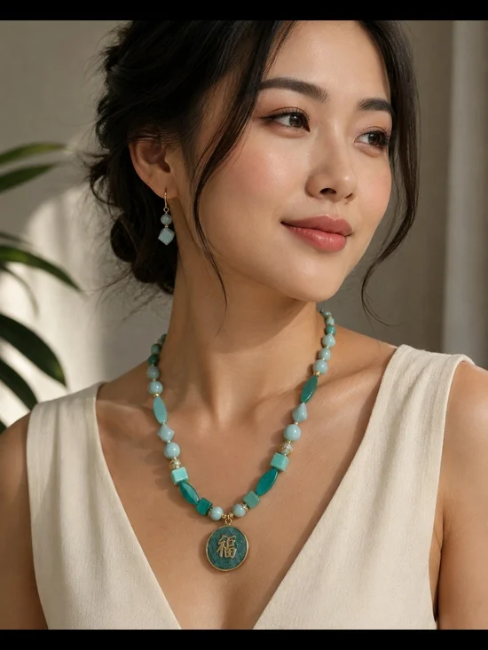 10K Solid Gold Aisan Jade Pendant On Amazonite & Glass Beads Necklace & Earring