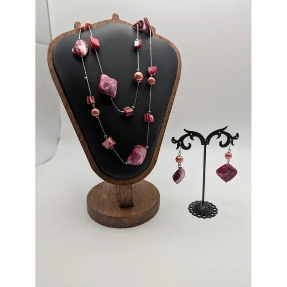 Unsigned Pink Mother of Pearl Shell Multi Strand Necklace and Earring Set Boho