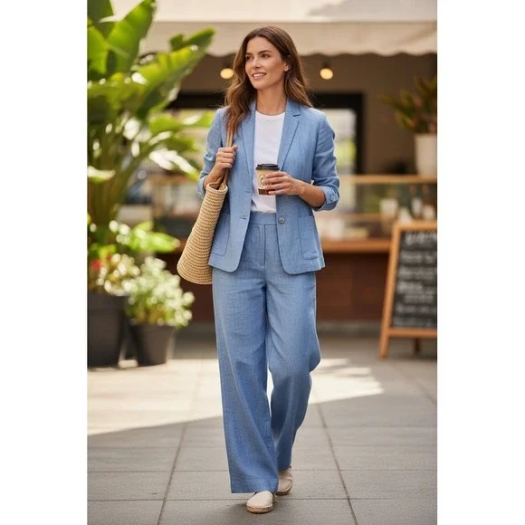 Rafaella Pant Suit Set Womens Size 14 Blue Shimmer Blazer Jacket‎ & Pants