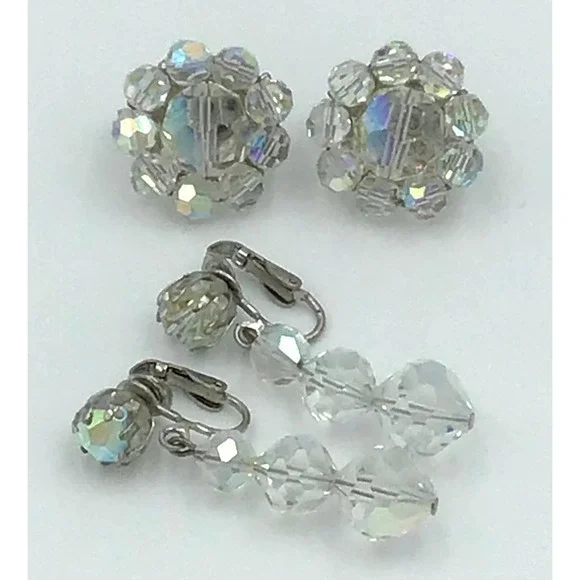 Coro Vintage Aurora Borealis Crystal Clip On Cluster Earrings & non Coro Dangles