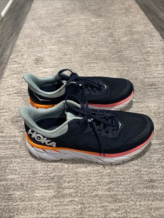 Hoka Navy Running Shoes with Orange and Coral Trim size 9.5