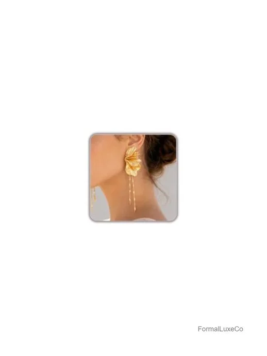 Gold Plated Flower Tassel Earrings Statement Long Dangle Jewelry Gift Box