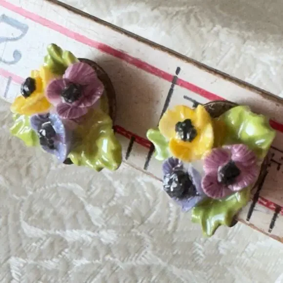 English 1920’s Micro Rose Bouquet Screw Back Earrings Bone China Posy Vintage