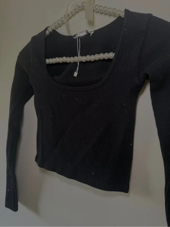 Zara Black Ribbed Scoop Neck Long Sleeve Crop Top XS