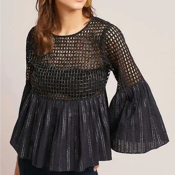 Maeve Eyelet Beaded Peplum Metallic Blouse with Wide‎ Sleeves