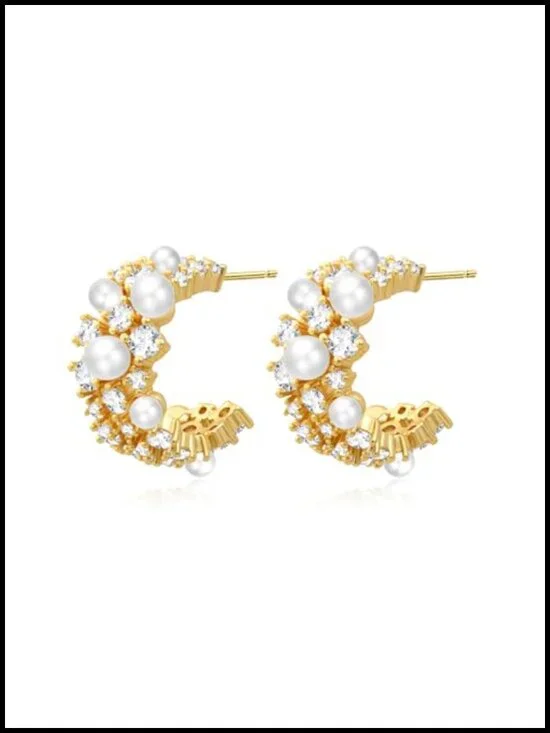 14K Gold Plated Pearl CZ Hoop Earrings for Women Wedding Bridal Jewelry - 0.79