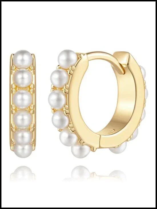 14K Gold Plated Pearl Hoop Earrings for Women, 13/18mm Huggie, Hinged Snap