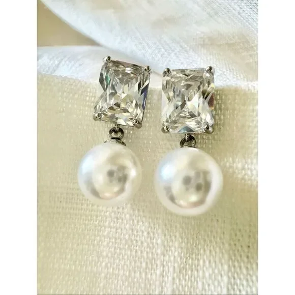 Super sparkly elongated radiant cut cubic zirconia faux pearl drop dangle earrin