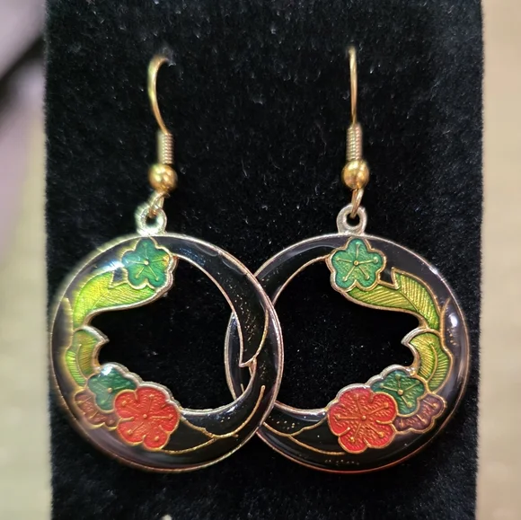 Vintage Gold-Tone Cloisonné Enamel Open Circle Flower Dangle Earrings Boho