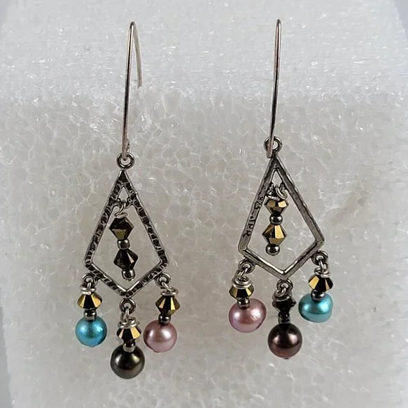 Sterling Silver 925 Multicolor Pearls Crystal Chandelier Earrings 1.5