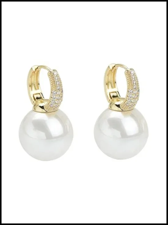 Gold Plated Pearl Drop Earrings with Crystal Zircon Huggie Hoops