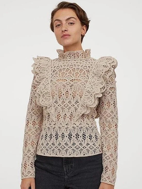 H&M Women's Crochet Ruffle Blouse, Cream (Size XL)