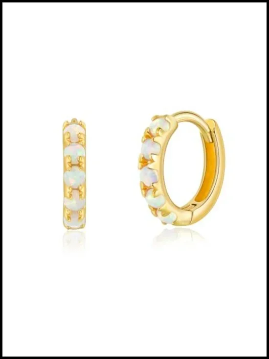 18k Gold Plated Opal Huggie Hoop Earrings 6mm 8mm 10mm Hypoallergenic Cartilage