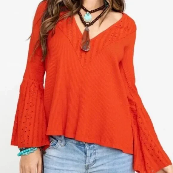 Free People Orange Bell Sleeve V‑Neck Long Sleeve Top
