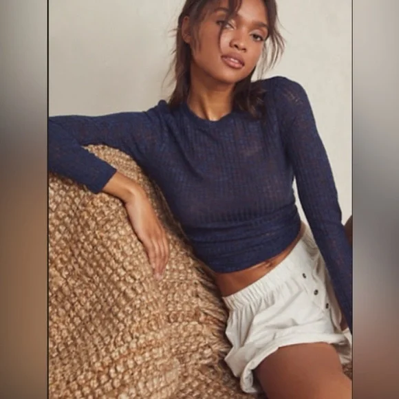 Free People Sheer Navy Long Sleeve Top