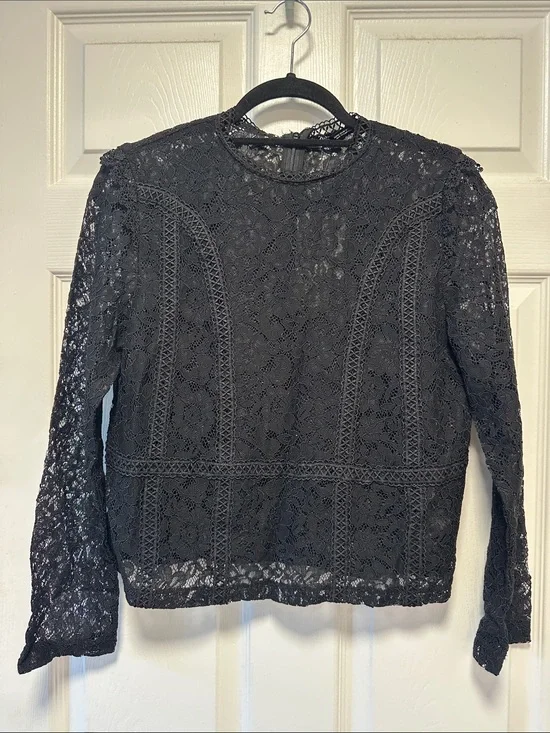 Zara Black Sheer Lace Long Sleeve Top