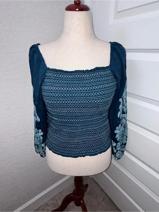 By Anthropologie Embroidered Embellished Statement Sleeve Smocked Shirt Top