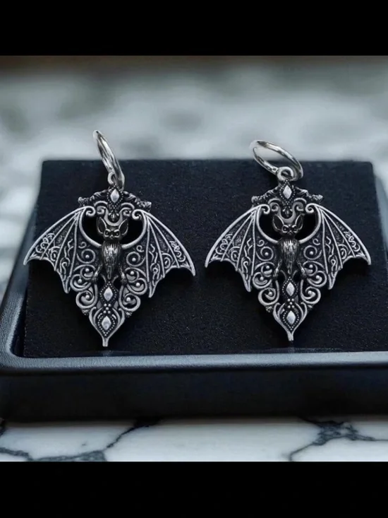 Gothic Silver Bat Filigree Drop Earrings for Women