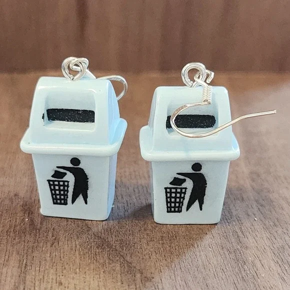 Handmade Novelty Cute Trash Can Earrings Silver Tone‎ Hooks Fun Quirky Earrings