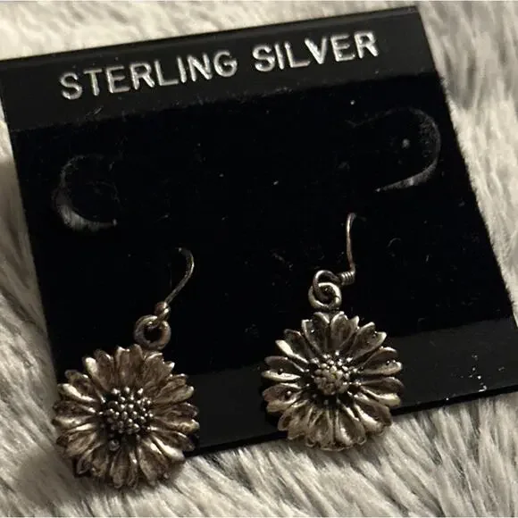 Daisy Sunflower Dangle Charm Earrings, Sterling Silver French Hook Ear‎ Wire