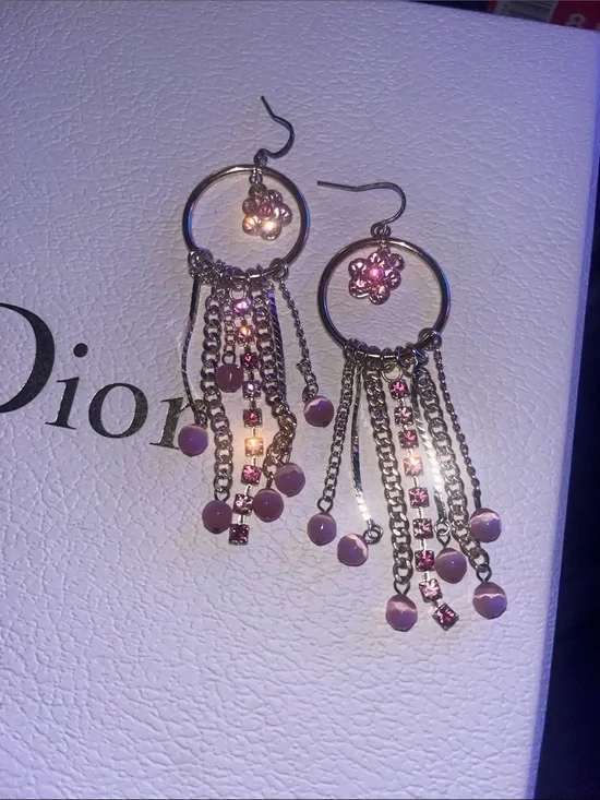 New Hoop with Pink Crystal Flower and Dangle Fringe Earrings