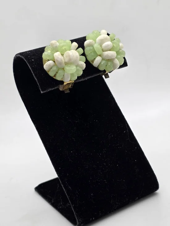 Green and White Cluster Clip-On Earrings