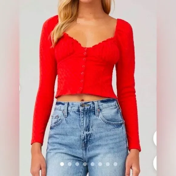 Free People Crop Top Womens  Orange  Blouse Long Sleeve Sz M Buttons