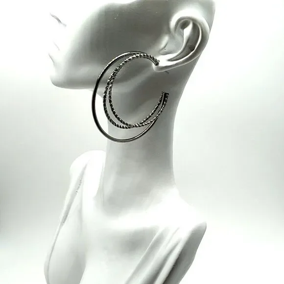 Large Multi-Wire Hoop Post Earrings Black Smooth & Diamond Cut 1.25