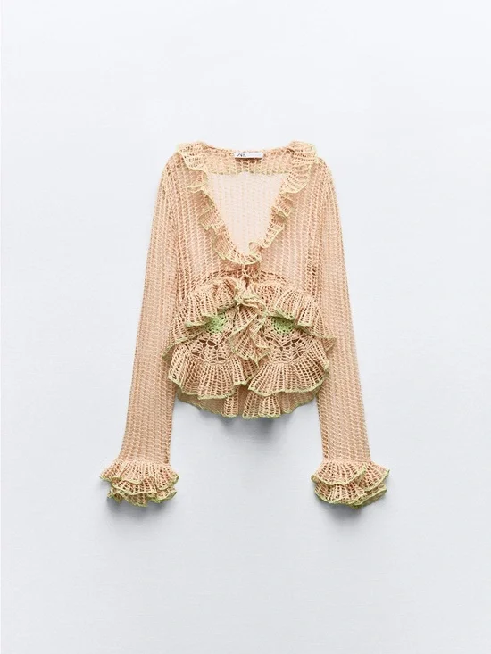 ZARA Woven Ruffle Raffia Women's Top
