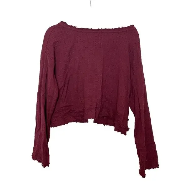 Free People Womens XS Burgundy Boho Long Sleeve Open Back Button Crop Top