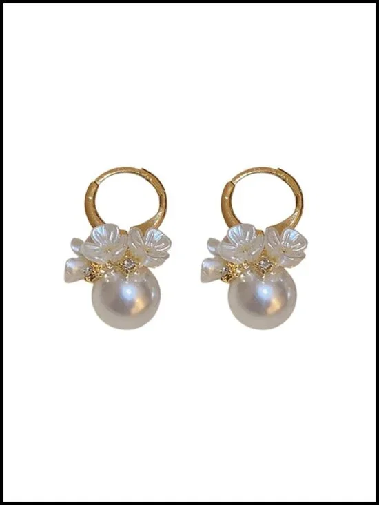 18K Gold Plated Floral Pearl Huggie Hoop Earrings, Dainty Shell Flowers, CZ
